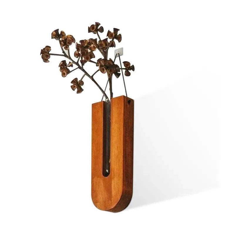 Vintage Wall Hanging Vase │ Wooden Hydroponic Wall Mounted Plant Hangers │ Transparent Glass Tube Flower Pot - Besontique Home