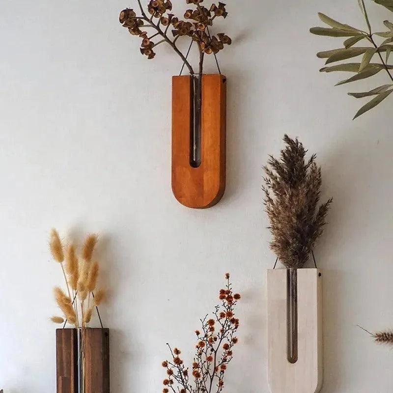 Vintage Wall Hanging Vase │ Wooden Hydroponic Wall Mounted Plant Hangers │ Transparent Glass Tube Flower Pot - Besontique Home