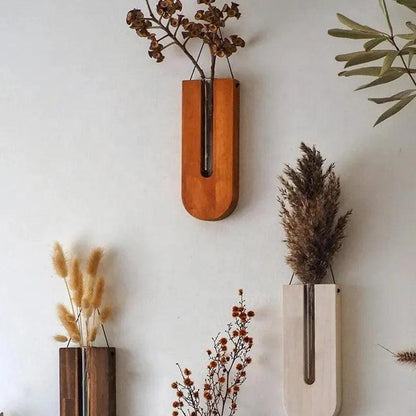 Vintage Wall Hanging Vase │ Wooden Hydroponic Wall Mounted Plant Hangers │ Transparent Glass Tube Flower Pot - Besontique Home