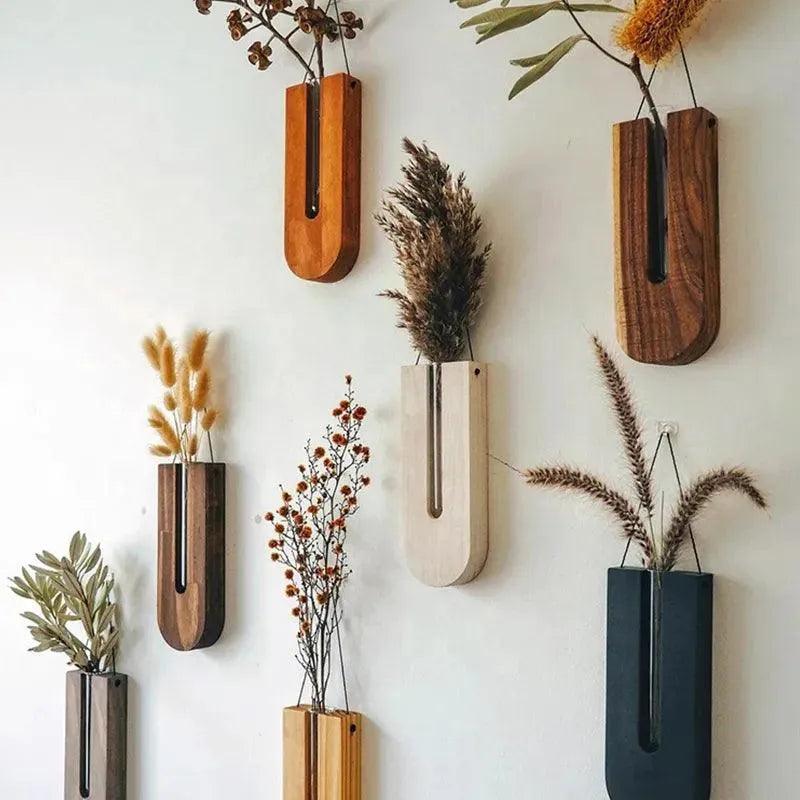 Vintage Wall Hanging Vase │ Wooden Hydroponic Wall Mounted Plant Hangers │ Transparent Glass Tube Flower Pot - Besontique Home