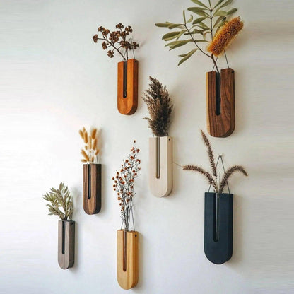 Vintage Wall Hanging Vase │ Wooden Hydroponic Wall Mounted Plant Hangers │ Transparent Glass Tube Flower Pot - Besontique Home