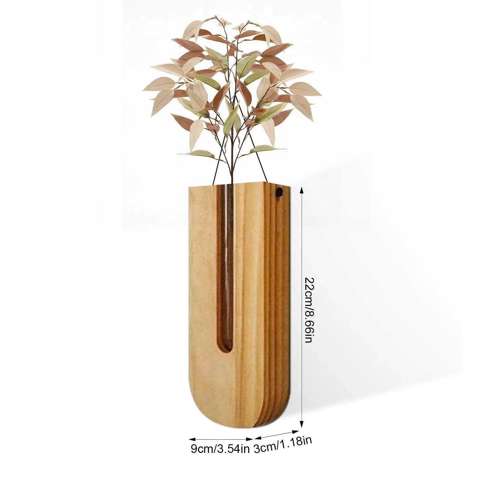 Vintage Wall Hanging Vase │ Wooden Hydroponic Wall Mounted Plant Hangers │ Transparent Glass Tube Flower Pot - Besontique Home