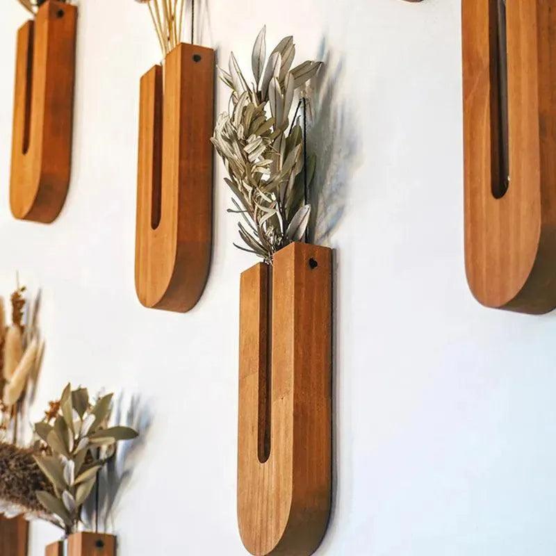 Vintage Wall Hanging Vase │ Wooden Hydroponic Wall Mounted Plant Hangers │ Transparent Glass Tube Flower Pot - Besontique Home