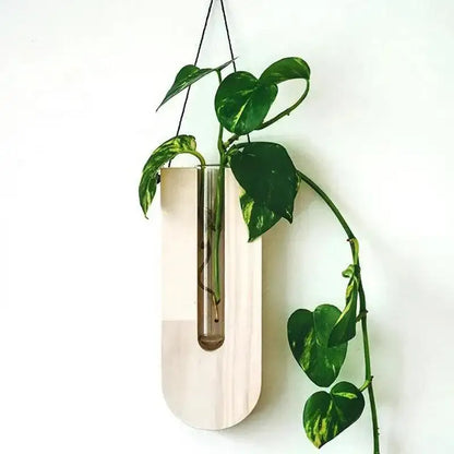 Vintage Wall Hanging Vase │ Wooden Hydroponic Wall Mounted Plant Hangers │ Transparent Glass Tube Flower Pot - Besontique Home