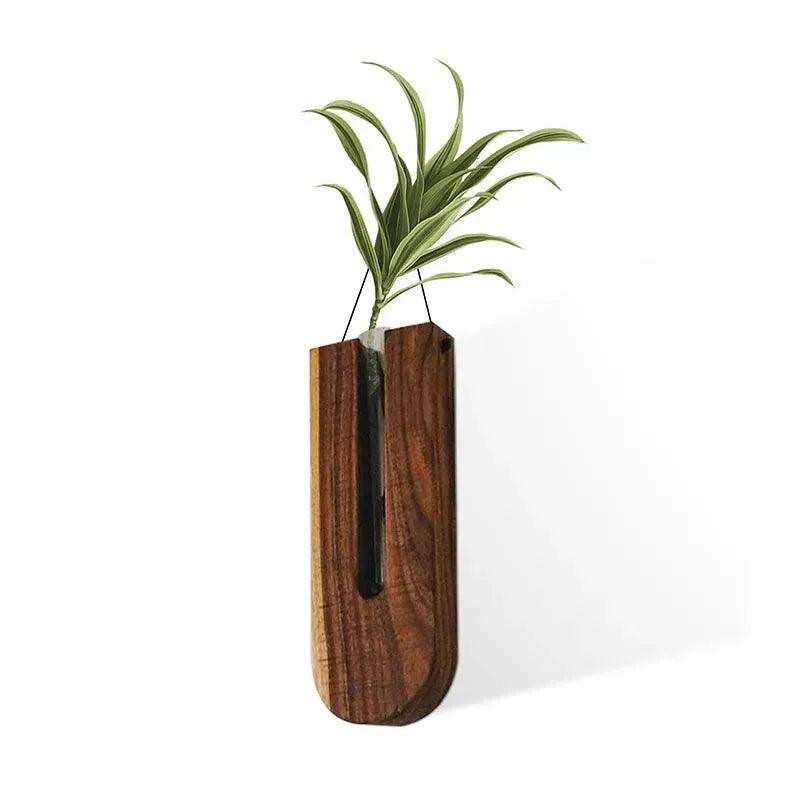 Vintage Wall Hanging Vase │ Wooden Hydroponic Wall Mounted Plant Hangers │ Transparent Glass Tube Flower Pot - Besontique Home