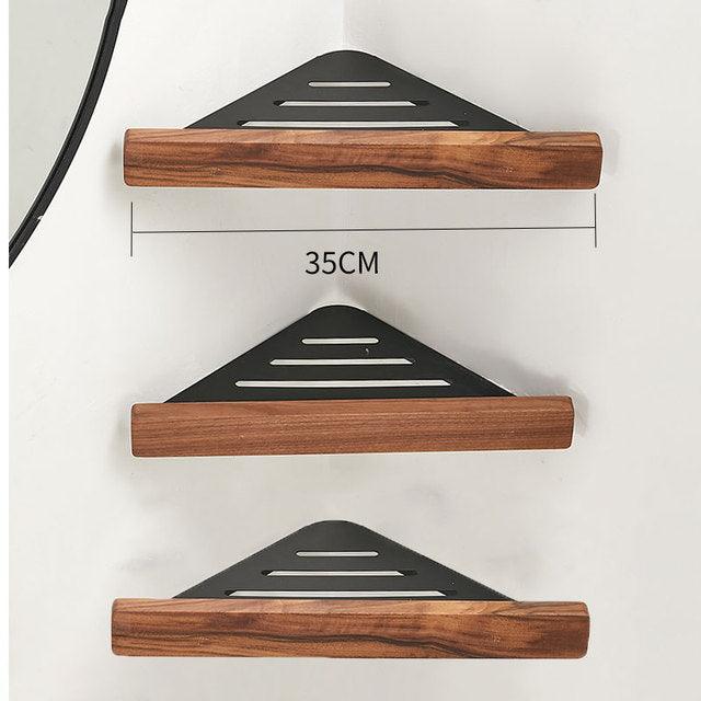 Walnut Wood Wall Mounted Corner Storage Rack (Black/White)│ Modern Bathroom Triangle Organizer Shelf Shelves - Besontique