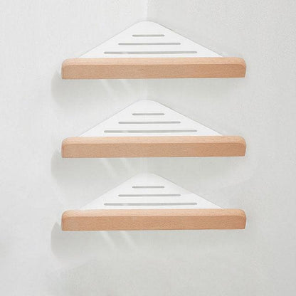 Walnut Wood Wall Mounted Corner Storage Rack (Black/White)│ Modern Bathroom Triangle Organizer Shelf Shelves - Besontique