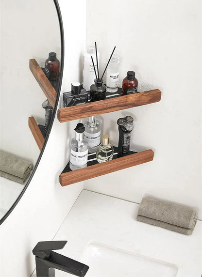 Walnut Wood Wall Mounted Corner Storage Rack (Black/White)│ Modern Bathroom Triangle Organizer Shelf Shelves - Besontique Home