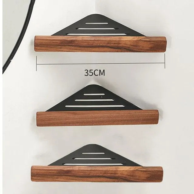 Walnut Wood Wall Mounted Corner Storage Rack (Black/White)│ Modern Bathroom Triangle Organizer Shelf Shelves - Besontique Home