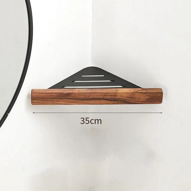 Walnut Wood Wall Mounted Corner Storage Rack (Black/White)│ Modern Bathroom Triangle Organizer Shelf Shelves - Besontique Home