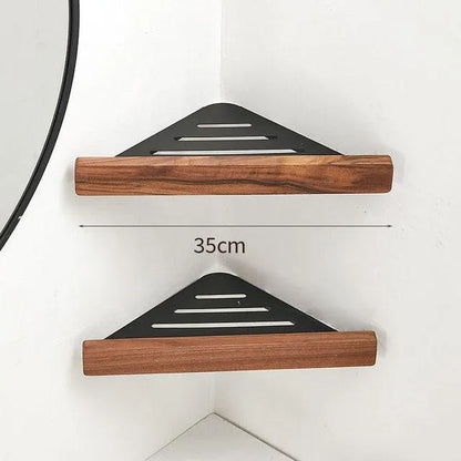 Walnut Wood Wall Mounted Corner Storage Rack (Black/White)│ Modern Bathroom Triangle Organizer Shelf Shelves - Besontique Home