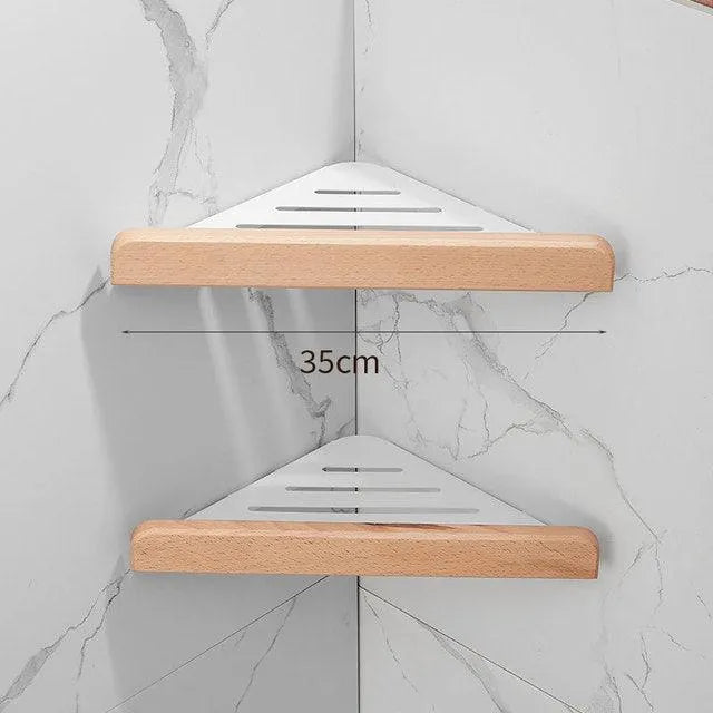 Walnut Wood Wall Mounted Corner Storage Rack (Black/White)│ Modern Bathroom Triangle Organizer Shelf Shelves - Besontique Home