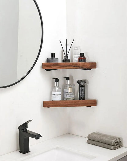 Walnut Wood Wall Mounted Corner Storage Rack (Black/White)│ Modern Bathroom Triangle Organizer Shelf Shelves - Besontique Home