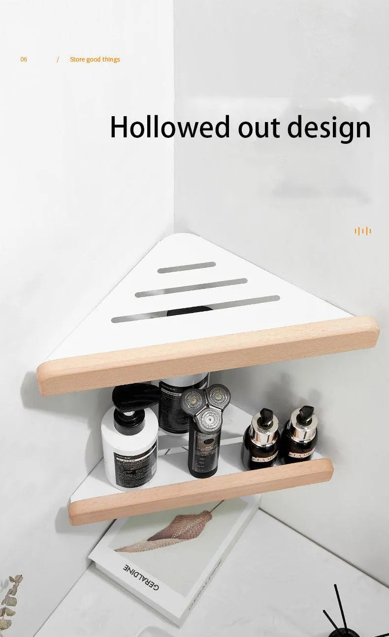 Walnut Wood Wall Mounted Corner Storage Rack (Black/White)│ Modern Bathroom Triangle Organizer Shelf Shelves - Besontique Home