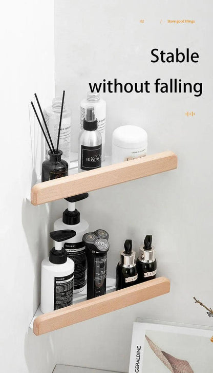 Walnut Wood Wall Mounted Corner Storage Rack (Black/White)│ Modern Bathroom Triangle Organizer Shelf Shelves - Besontique Home