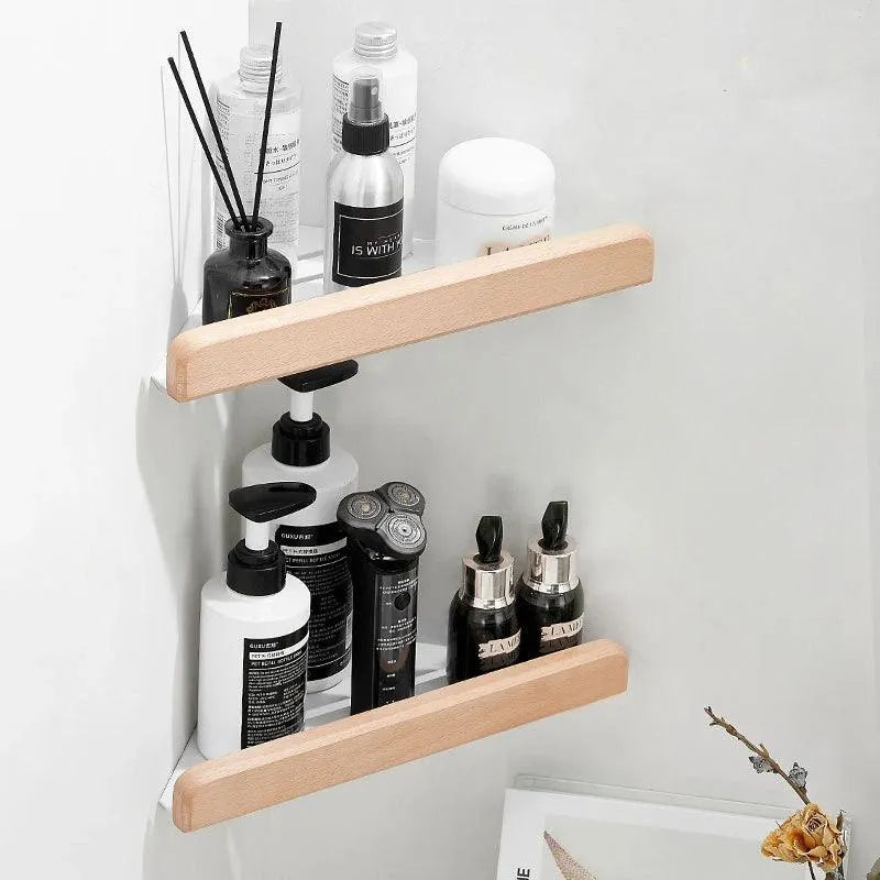 Walnut Wood Wall Mounted Corner Storage Rack (Black/White)│ Modern Bathroom Triangle Organizer Shelf Shelves - Besontique Home