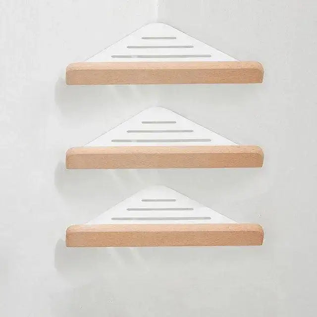 Walnut Wood Wall Mounted Corner Storage Rack (Black/White)│ Modern Bathroom Triangle Organizer Shelf Shelves - Besontique Home
