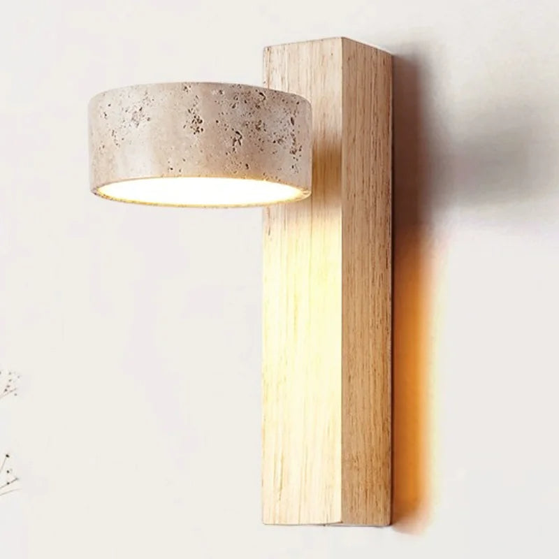 Japandi Natural Stone Wood Wall Lighting With Pull Switch │ Modern Vintage Style Round LED Sconce Wall Light