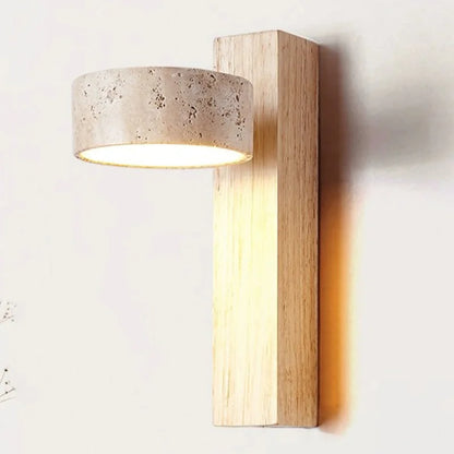 Japandi Natural Stone Wood Wall Lighting With Pull Switch │ Modern Vintage Style Round LED Sconce Wall Light