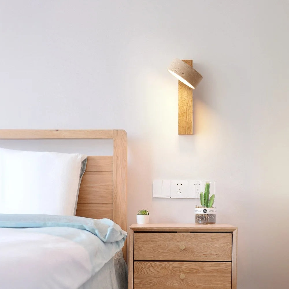 Japandi Natural Stone Wood Wall Lighting With Pull Switch │ Modern Vintage Style Round LED Sconce Wall Light