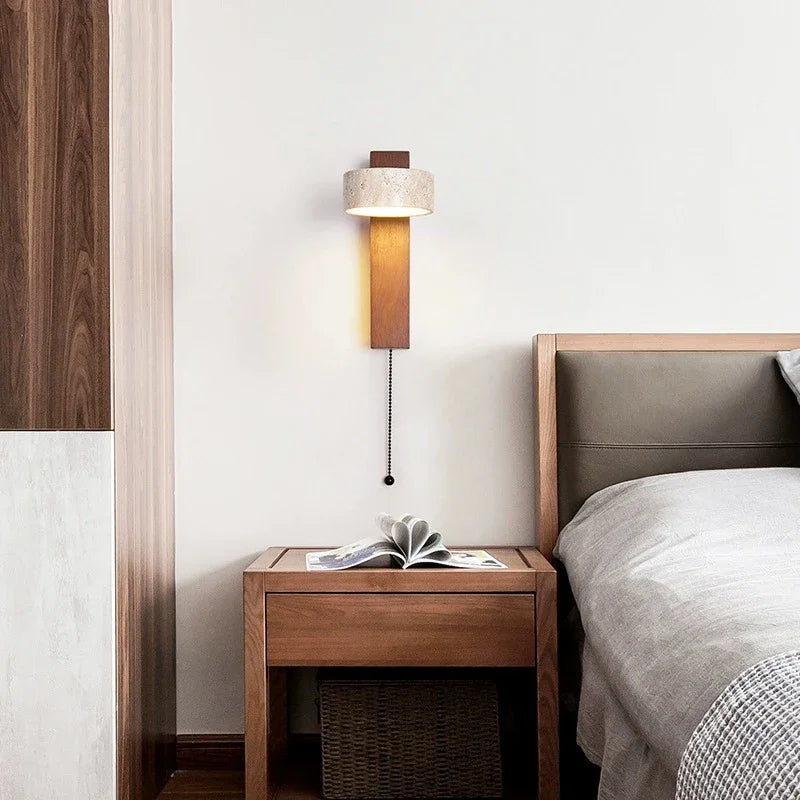 Japandi Natural Stone Wood Wall Lighting With Pull Switch │ Modern Vintage Style Round LED Sconce Wall Light