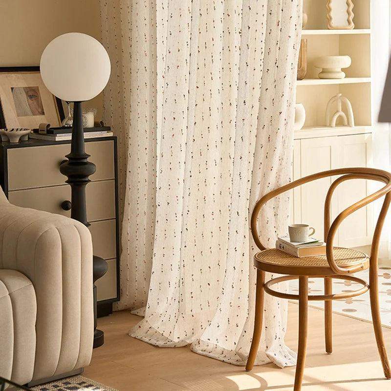 White Linen Cute Vintage Translucent Curtain │ Tulle Yarn Rainbow Embroidered Gauze Curtains - Besontique Home