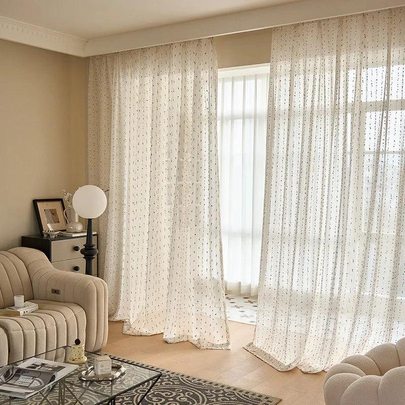 White Linen Cute Vintage Translucent Curtain │ Tulle Yarn Rainbow Embroidered Gauze Curtains - Besontique Home