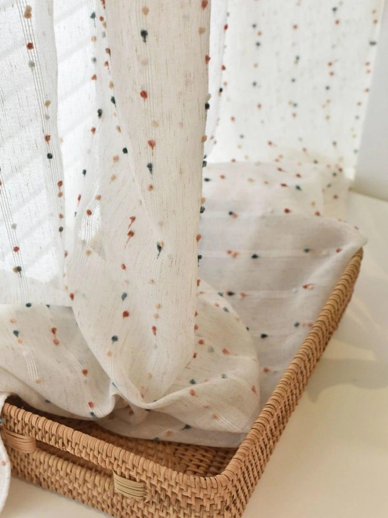 White Linen Cute Vintage Translucent Curtain │ Tulle Yarn Rainbow Embroidered Gauze Curtains - Besontique Home