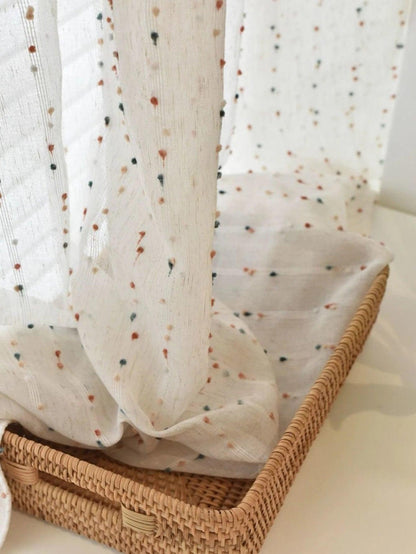 White Linen Cute Vintage Translucent Curtain │ Tulle Yarn Rainbow Embroidered Gauze Curtains - Besontique Home