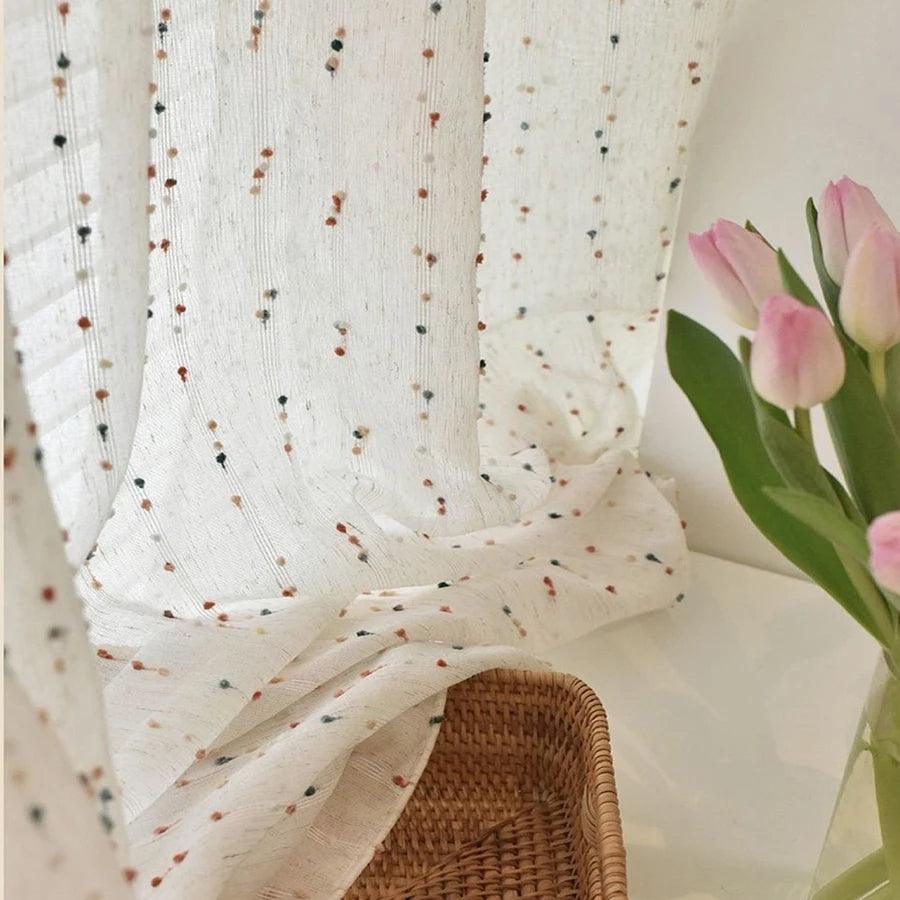 White Linen Cute Vintage Translucent Curtain │ Tulle Yarn Rainbow Embroidered Gauze Curtains - Besontique Home