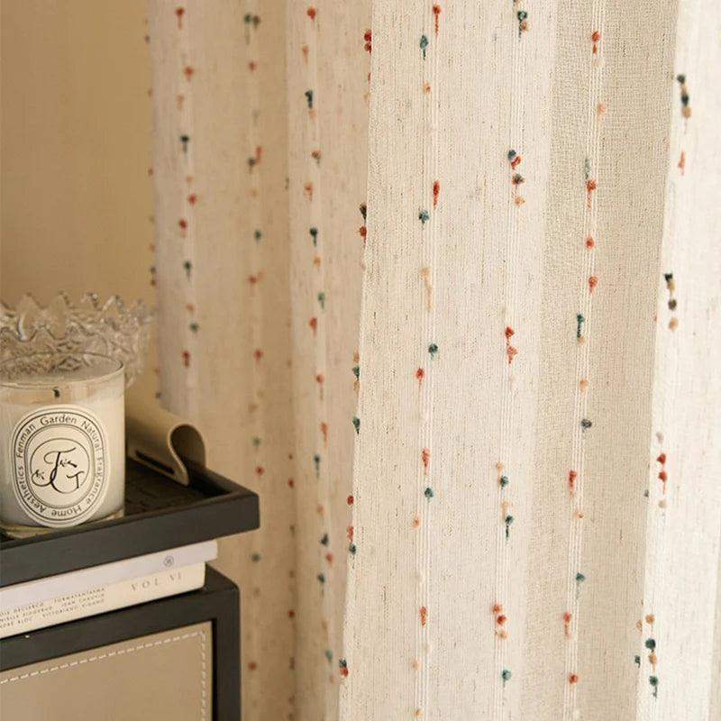 White Linen Cute Vintage Translucent Curtain │ Tulle Yarn Rainbow Embroidered Gauze Curtains - Besontique Home