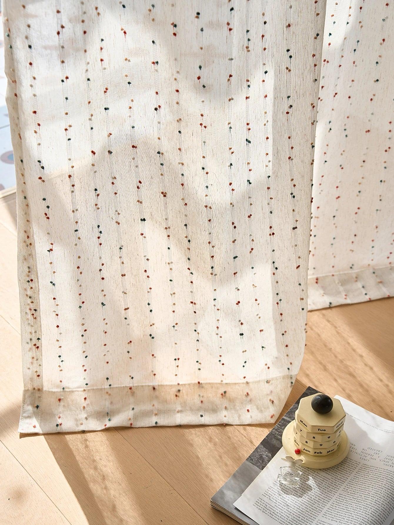 White Linen Cute Vintage Translucent Curtain │ Tulle Yarn Rainbow Embroidered Gauze Curtains - Besontique Home