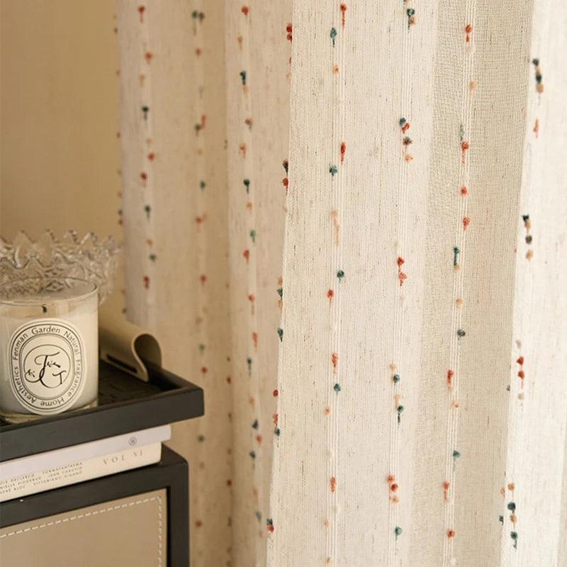 White Linen Cute Vintage Translucent Curtain │ Tulle Yarn Rainbow Embroidered Gauze Curtains - Besontique Home
