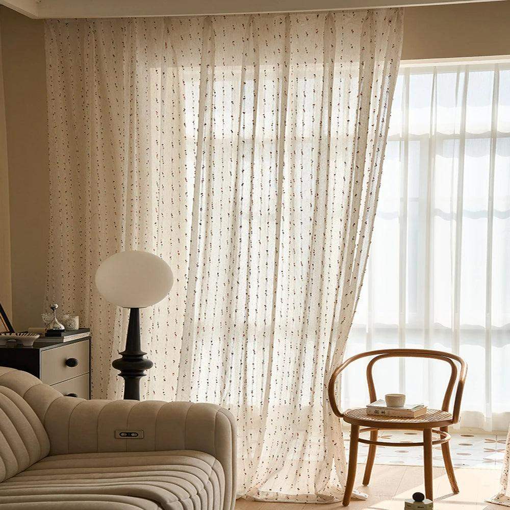 White Linen Cute Vintage Translucent Curtain │ Tulle Yarn Rainbow Embroidered Gauze Curtains - Besontique Home