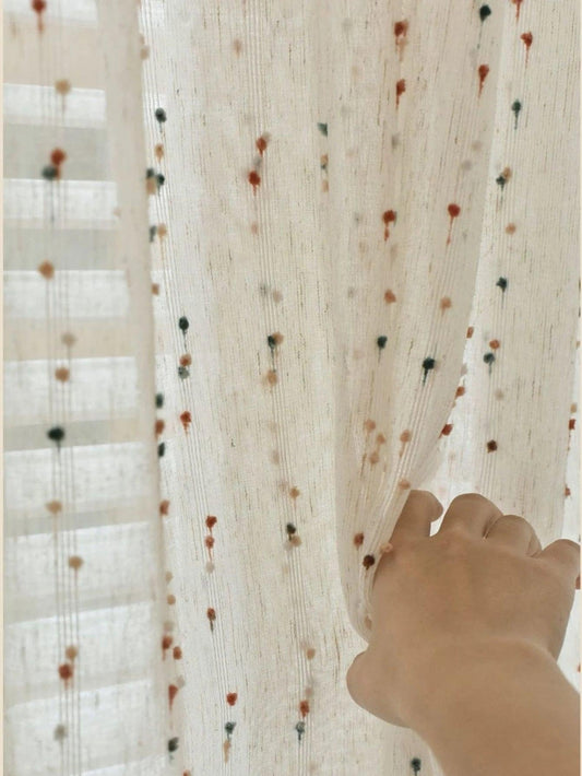 White Linen Cute Vintage Translucent Curtain │ Tulle Yarn Rainbow Embroidered Gauze Curtains - Besontique Home