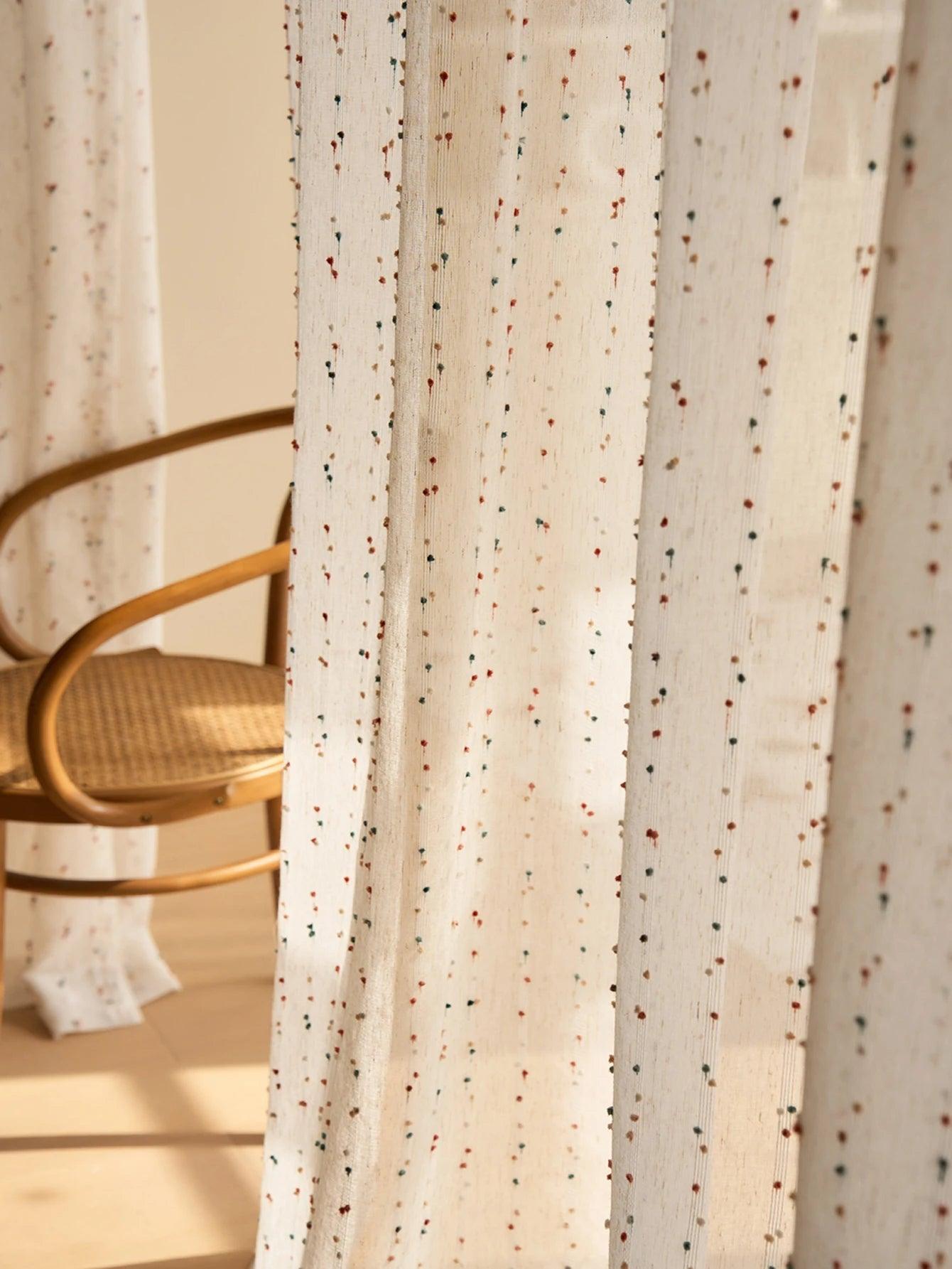 White Linen Cute Vintage Translucent Curtain │ Tulle Yarn Rainbow Embroidered Gauze Curtains - Besontique Home