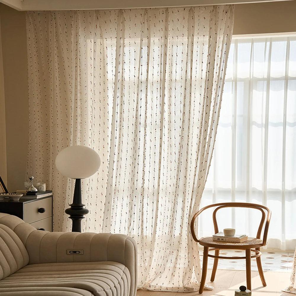 White Linen Cute Vintage Translucent Curtain │ Tulle Yarn Rainbow Embroidered Gauze Curtains - Besontique Home