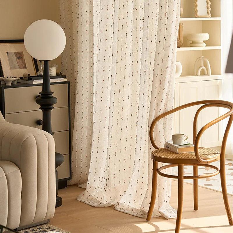 White Linen Cute Vintage Translucent Curtain │ Tulle Yarn Rainbow Embroidered Gauze Curtains - Besontique Home