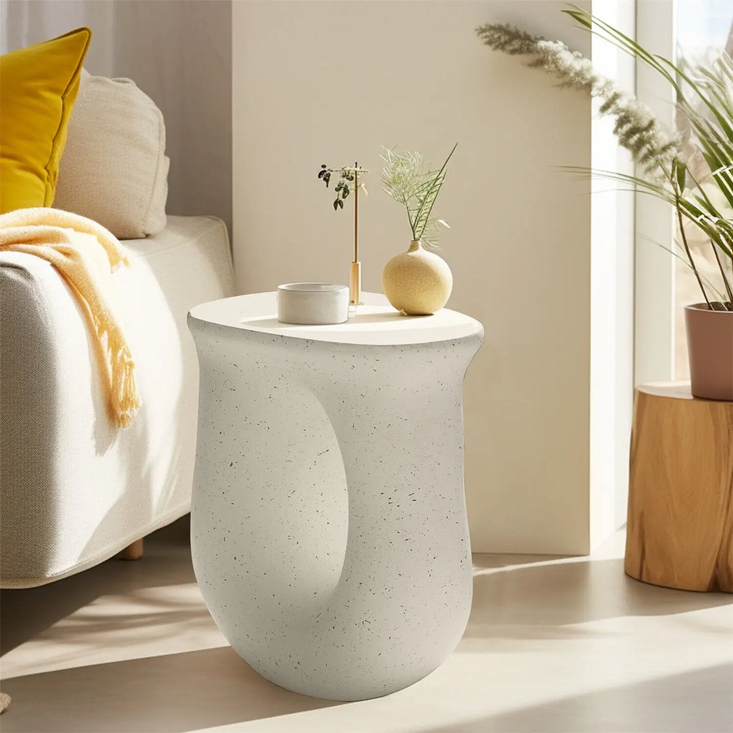 Modern Style Geometric Side Coffee Table │ Pedestal Lightweight Concrete Nightstand Table Furniture