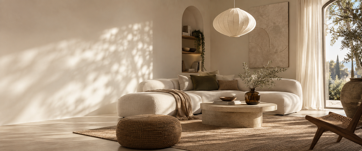 A modern, sunlit living room featuring a low white sectional sofa with olive green and brown pillows, a round woven pouf, a concrete coffee table, and a large white paper lantern pendant light hanging in the room.