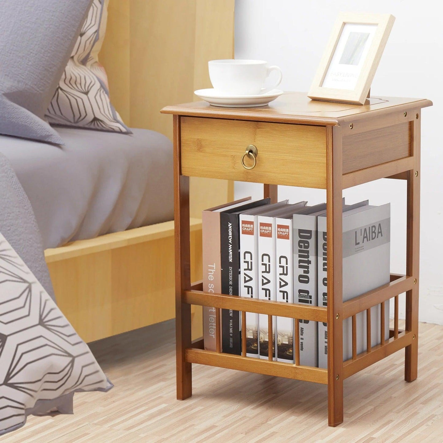 Wood Bamboo Side Table with Drawer │ Modern Storage Nightstand Furniture for Living room Bedroom - Besontique