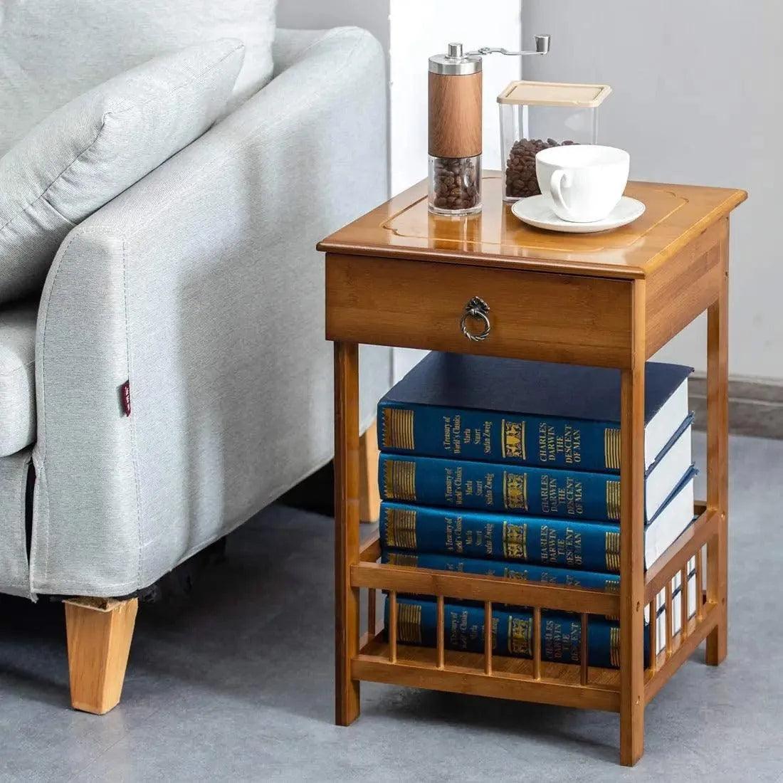 Wood Bamboo Side Table with Drawer │ Modern Storage Nightstand Furniture for Living room Bedroom - Besontique Home