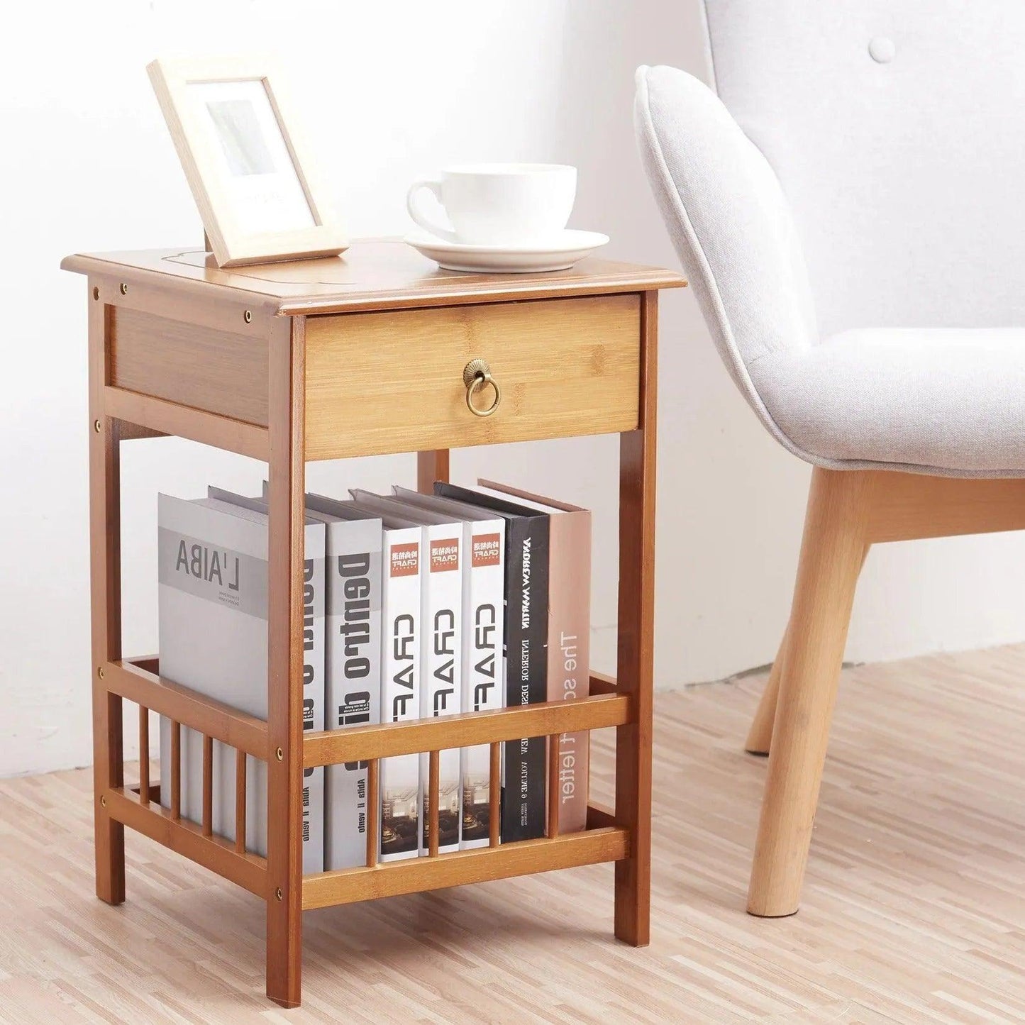 Wood Bamboo Side Table with Drawer │ Modern Storage Nightstand Furniture for Living room Bedroom - Besontique Home
