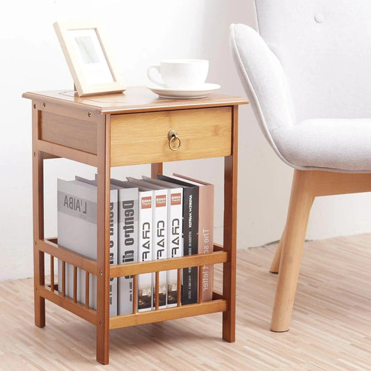 Wood Bamboo Side Table with Drawer │ Modern Storage Nightstand Furniture for Living room Bedroom - Besontique Home