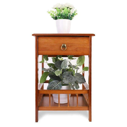 Wood Bamboo Side Table with Drawer │ Modern Storage Nightstand Furniture for Living room Bedroom - Besontique Home