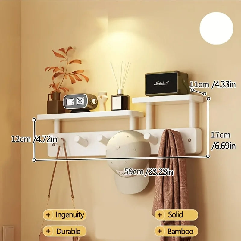Wood Entrance Wall Mounted Coat Rack 6 Hooks with Shelf - Besontique Home