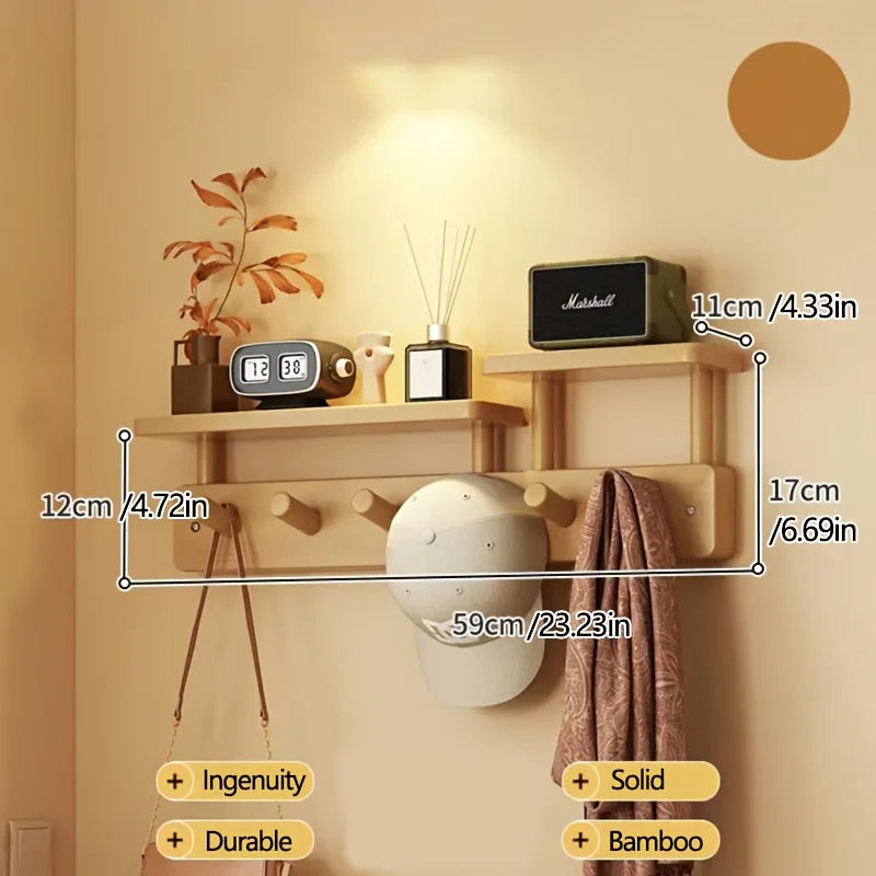 Wood Entrance Wall Mounted Coat Rack 6 Hooks with Shelf - Besontique Home
