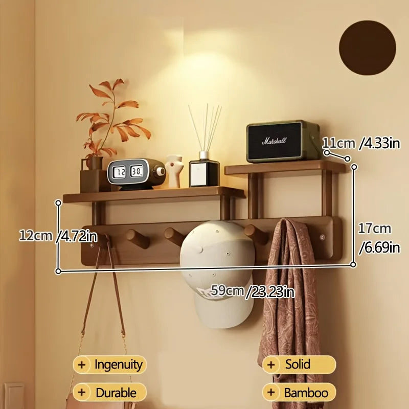Wood Entrance Wall Mounted Coat Rack 6 Hooks with Shelf - Besontique Home