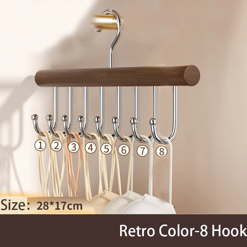 Wooden Camisole Clothes Hanger with 8 Hooks │ Rotatable Multifunctional Tie Belt Storage Organizer Hanger - Besontique Home