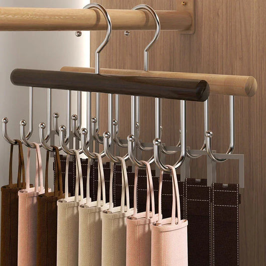 Wooden Camisole Clothes Hanger with 8 Hooks │ Rotatable Multifunctional Tie Belt Storage Organizer Hanger - Besontique Home
